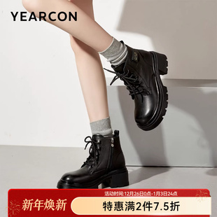 意尔康女鞋 秋冬马丁靴高跟短靴真皮单靴英伦风厚底小个子显瘦