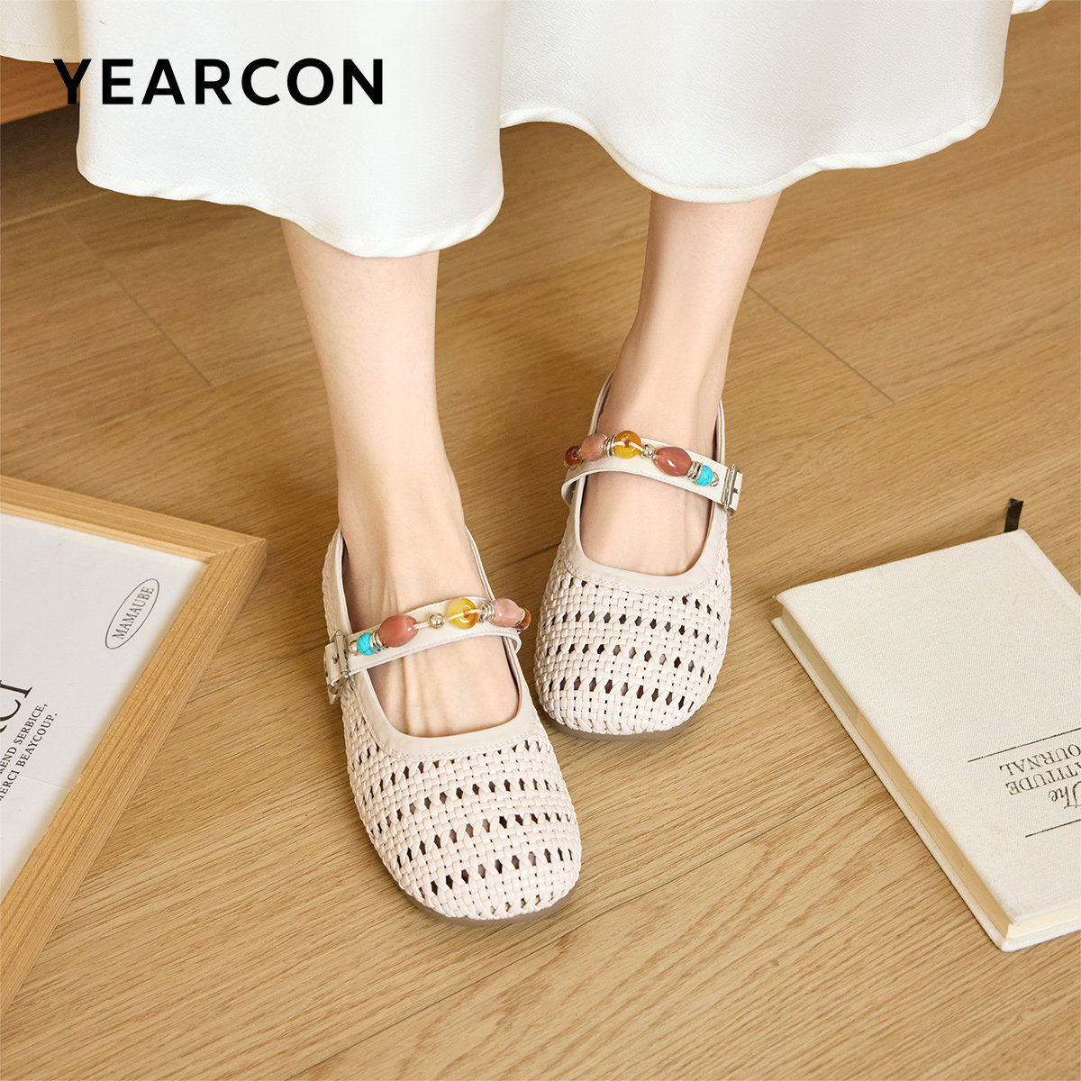 意尔康女鞋2026夏季复古法式粗跟镂空透气皮凉鞋玛丽珍休闲配裙子