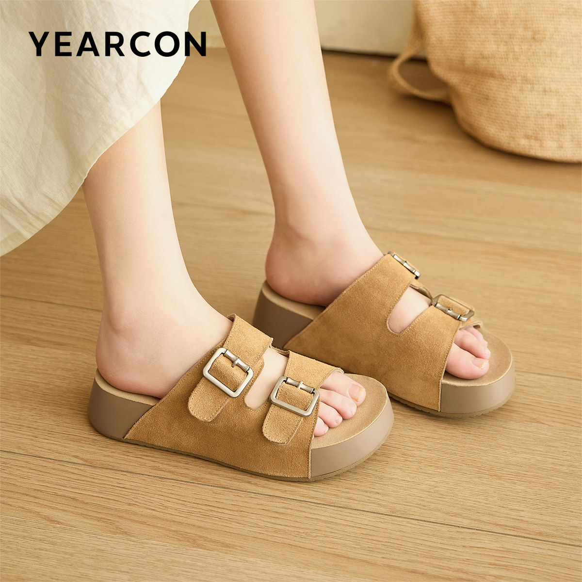 意尔康女鞋2026夏季一字拖厚底勃肯鞋半拖海边沙滩鞋休闲凉鞋外穿