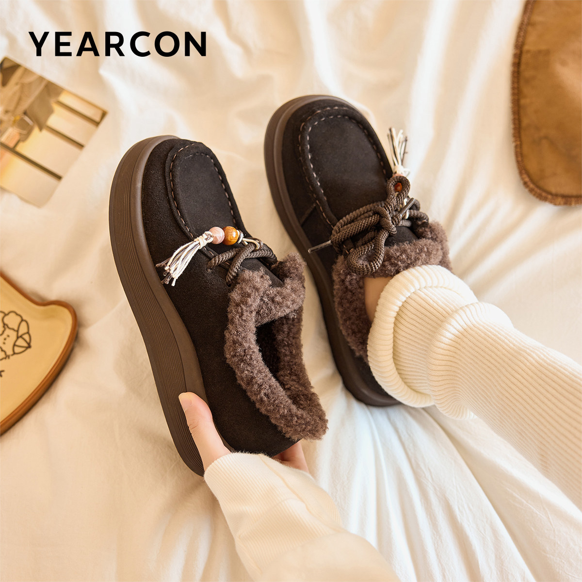 意尔康女鞋冬季加绒保暖棉鞋女士休闲毛毛鞋勃肯鞋复古低帮雪地靴