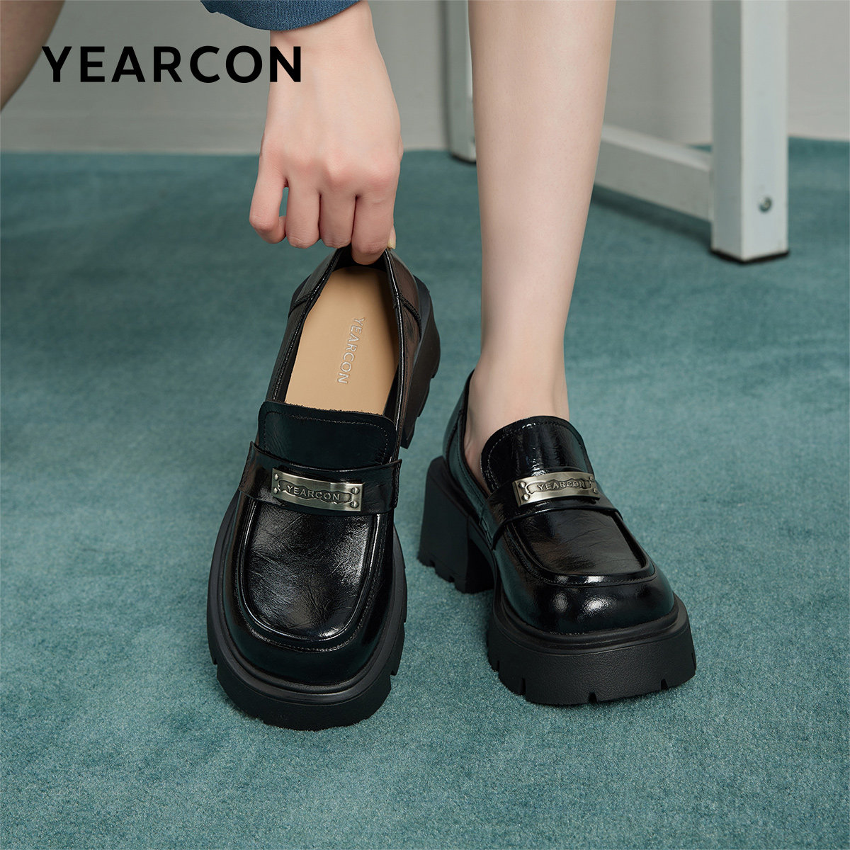 意尔康女鞋春秋季真皮乐福鞋英伦风小皮鞋厚底高跟单鞋女士通勤