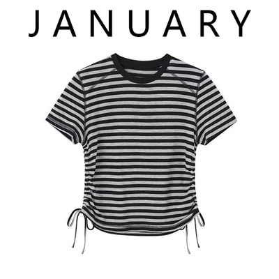 条纹抽绳撞色圆领短袖T恤女