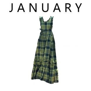 JANUARY一月~陈乔恩同款度假风格纹吊带连衣裙女夏气质百搭长裙子