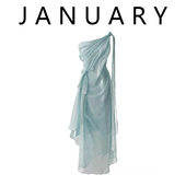 长裙 单肩网纱不规则设计感连衣裙女海边度假风修身 JANUARY 法式