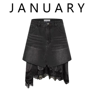 JANUARY一月~美式复古蕾丝拼接牛仔半身裙女2025春夏新款高腰短裙