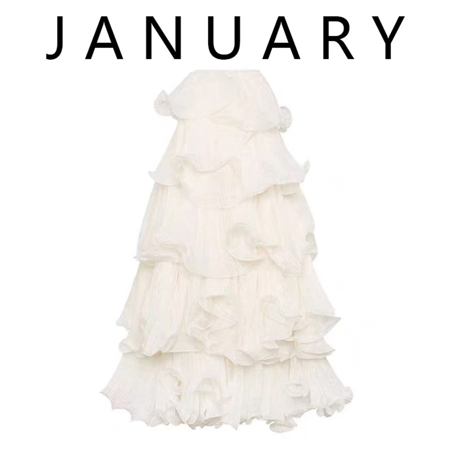 JANUARY 法式浪漫白色半身裙女夏新款设计感荷叶边显瘦高腰蛋糕裙