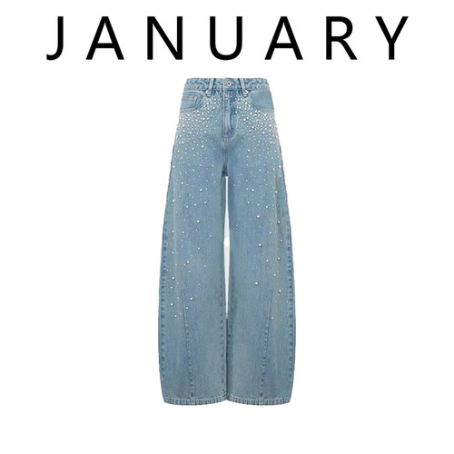 闪钻珍珠做旧牛仔裤女