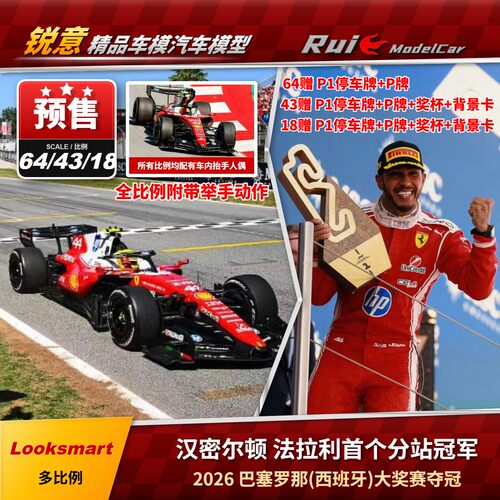 预1:18/43/64/12 Looksmart法拉利F1汉密尔顿2026西班牙夺冠车模