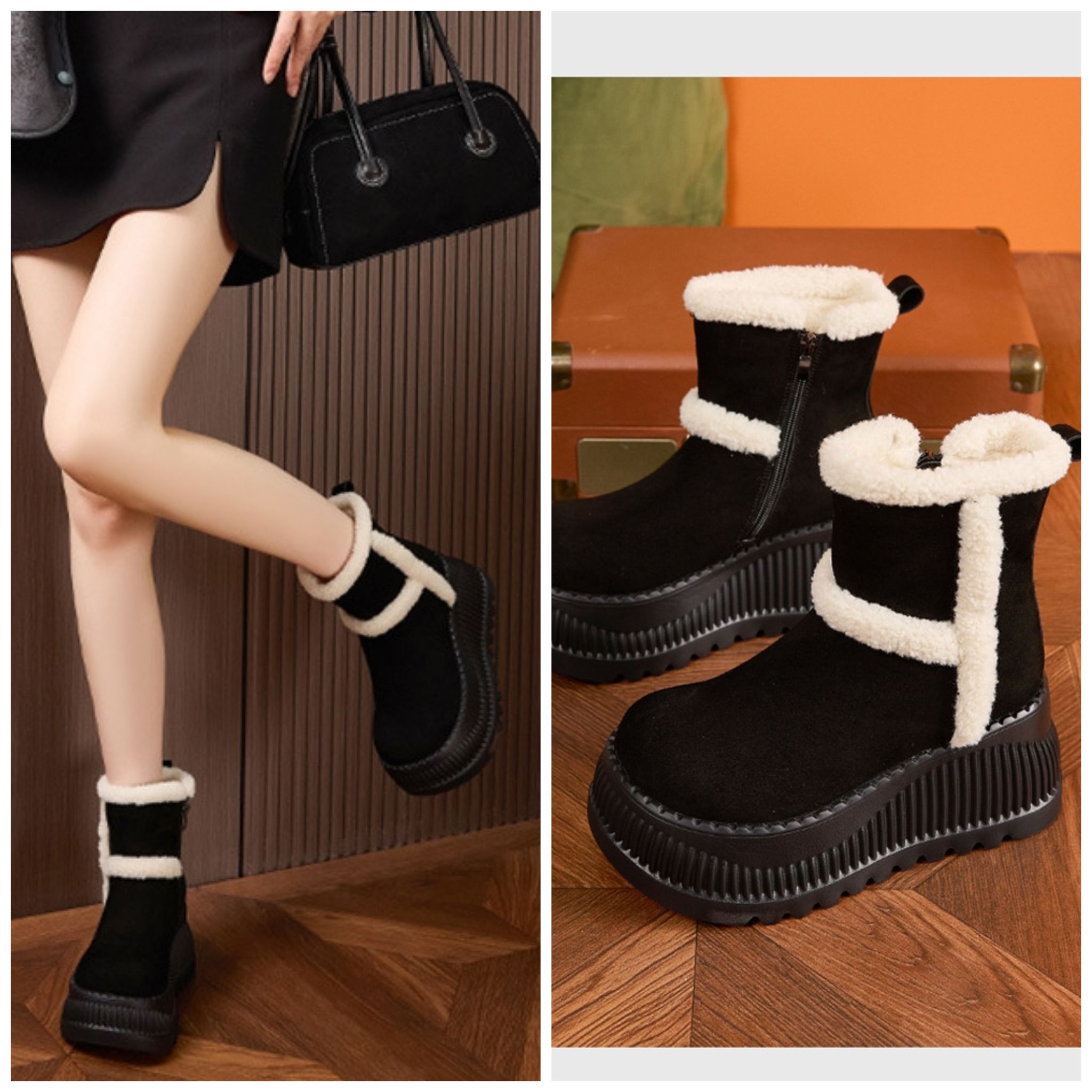 「李安妮」反绒皮保暖防滑百搭内加绒中筒厚底雪地靴女靴皮毛一体