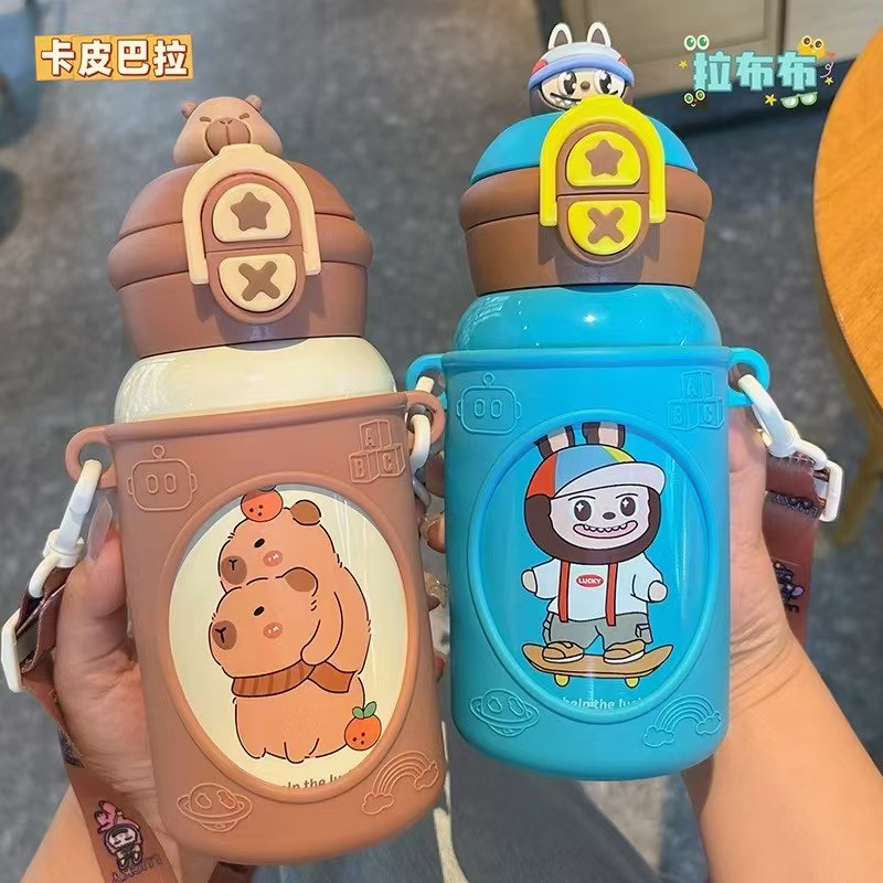 儿童保温杯男女孩上学专用吸管水杯小学生杯子316不锈钢拉布布款