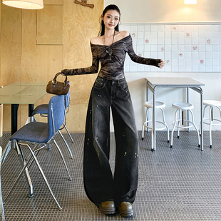 妈个鸡妈MGJM美式做旧涂鸦泼墨复古斑点垂感牛仔裤男女宽松阔腿裤