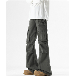 潮 宽松男女长裤 妈个鸡妈MGJM多口袋设计感美式 街头水洗微喇牛仔裤