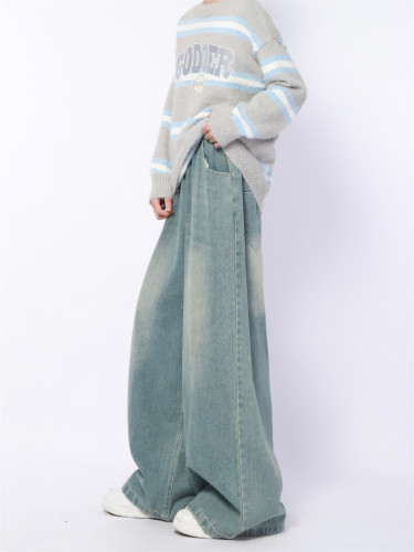 大码拖地长裤复古宽松牛仔裤春季