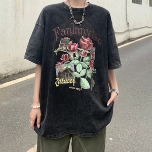 妈个鸡妈 ins嘻哈复古夏季花卉印花水洗潮流T恤休闲宽松短袖男女