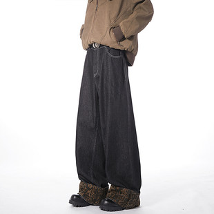 妈个鸡妈MGJM春秋美式 宽松直筒廓形男女情侣 baggy豹纹拼接牛仔裤