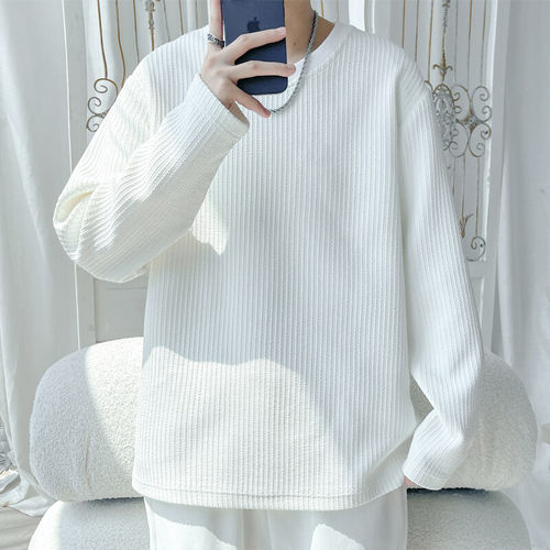 鸡心领长袖T恤条纹肌理感上衣潮