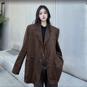 妈个鸡妈MGJM美式春秋复古深棕咖宽松西装外套麂皮绒休闲西服男女