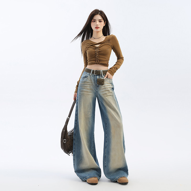 妈个鸡妈MGJM韩系卡通印花猫须宽松阔腿牛仔裤男女显瘦百搭拖地裤