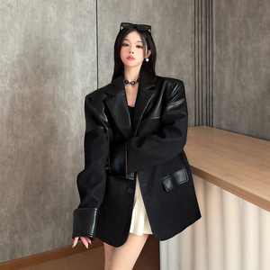 妈个鸡妈MGJM痞帅街头秋季PU皮拼接长袖西装外套宽松休闲西服男女