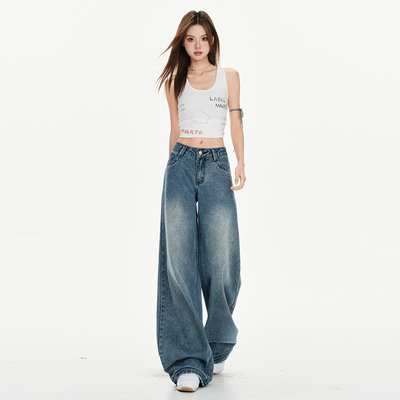 水洗蓝低腰阔腿牛仔裤直筒拖地裤