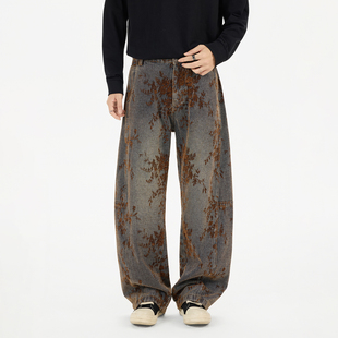 妈个鸡妈MGJM美式复古提花植绒刺绣阔腿牛仔裤秋冬男女宽松长裤潮