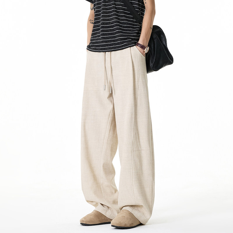 *鸡妈MGJM老钱风简约慵懒抽绳松紧腰拼接仿麻弯刀裤休闲裤男女,男装,休闲裤,淘宝优惠券,粉丝福利购,淘宝优惠卷