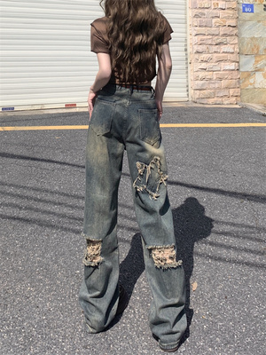 做旧复古星星贴布绣破洞牛仔裤