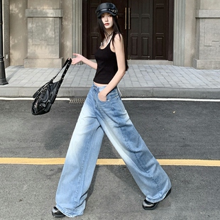 妈个鸡妈MGJM美式 线迹设计水洗浅蓝色磨白手擦砂位酵磨阔腿牛仔裤