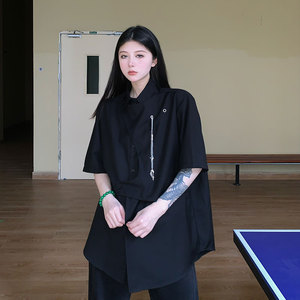 妈个鸡妈 ins嘻哈夏季高街不规则拼接短袖衬衫宽松休闲衬衣男女潮