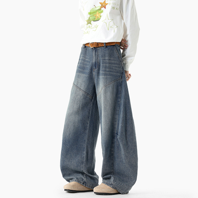 baggy解构水洗弯刀牛仔裤褶皱潮