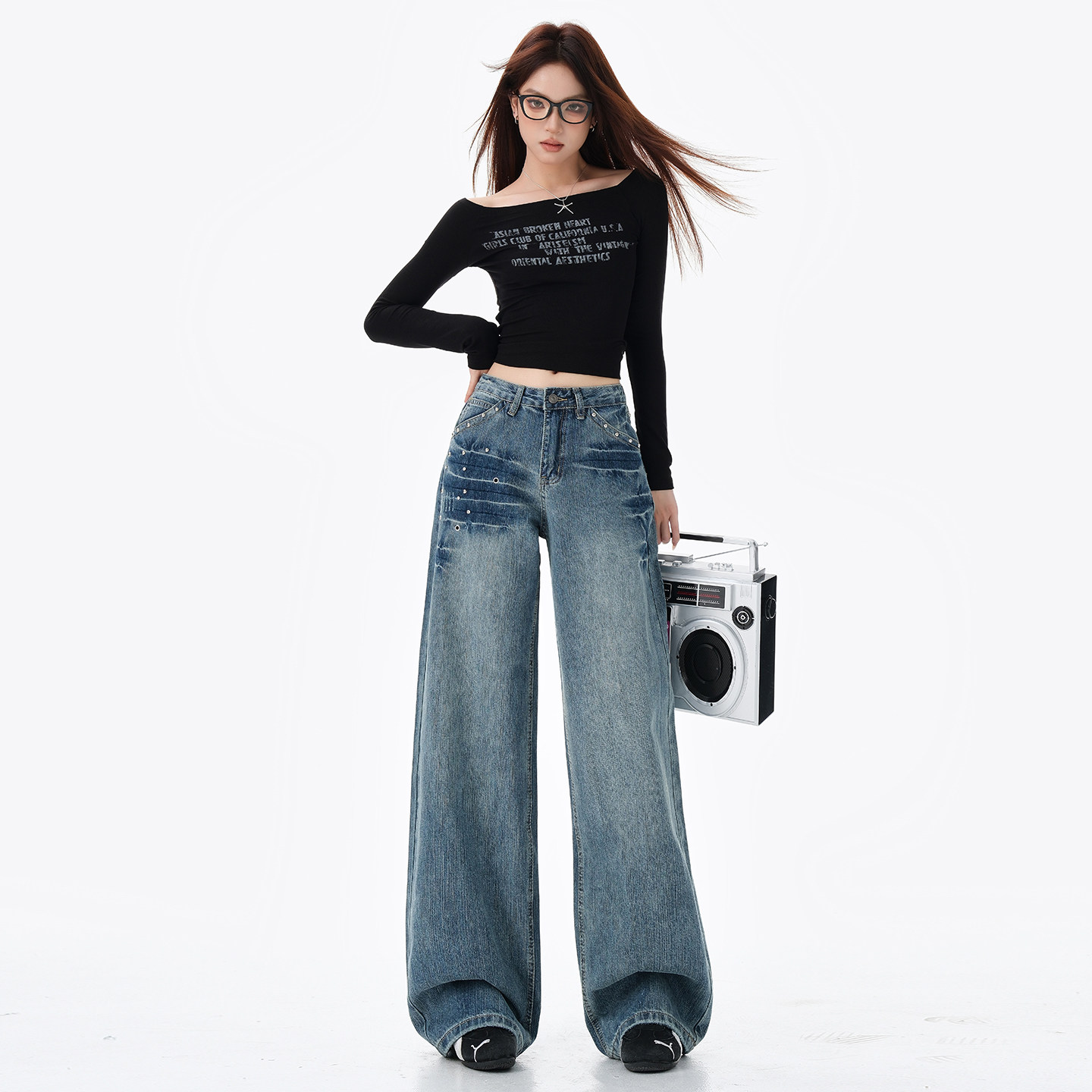 复古铆钉高腰阔腿牛仔裤宽松直筒