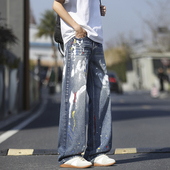 妈个鸡妈MGJM美式 高街潮牌水洗复古宽松直筒涂鸦泼墨设计感牛仔裤