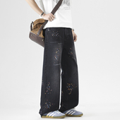 妈个鸡妈MGJM美式 不规则水洗做旧彩色泼墨设计直筒宽松牛仔裤 男女