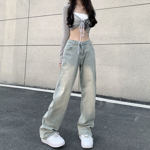 妈个鸡妈 ins做旧复古黄泥磨白直筒牛仔裤男女字母印花宽松裤子潮