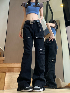 妈个鸡妈 ins街头夏季多口袋显瘦黑色工装牛仔裤男女微喇宽松裤子