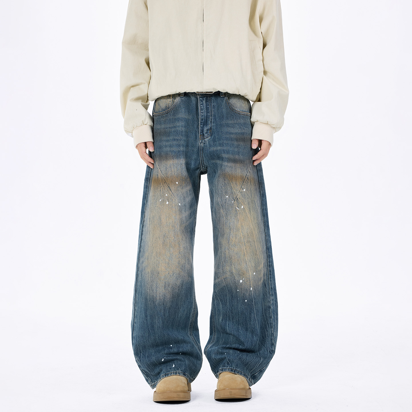 废土风美式做旧高街甩油漆牛仔裤