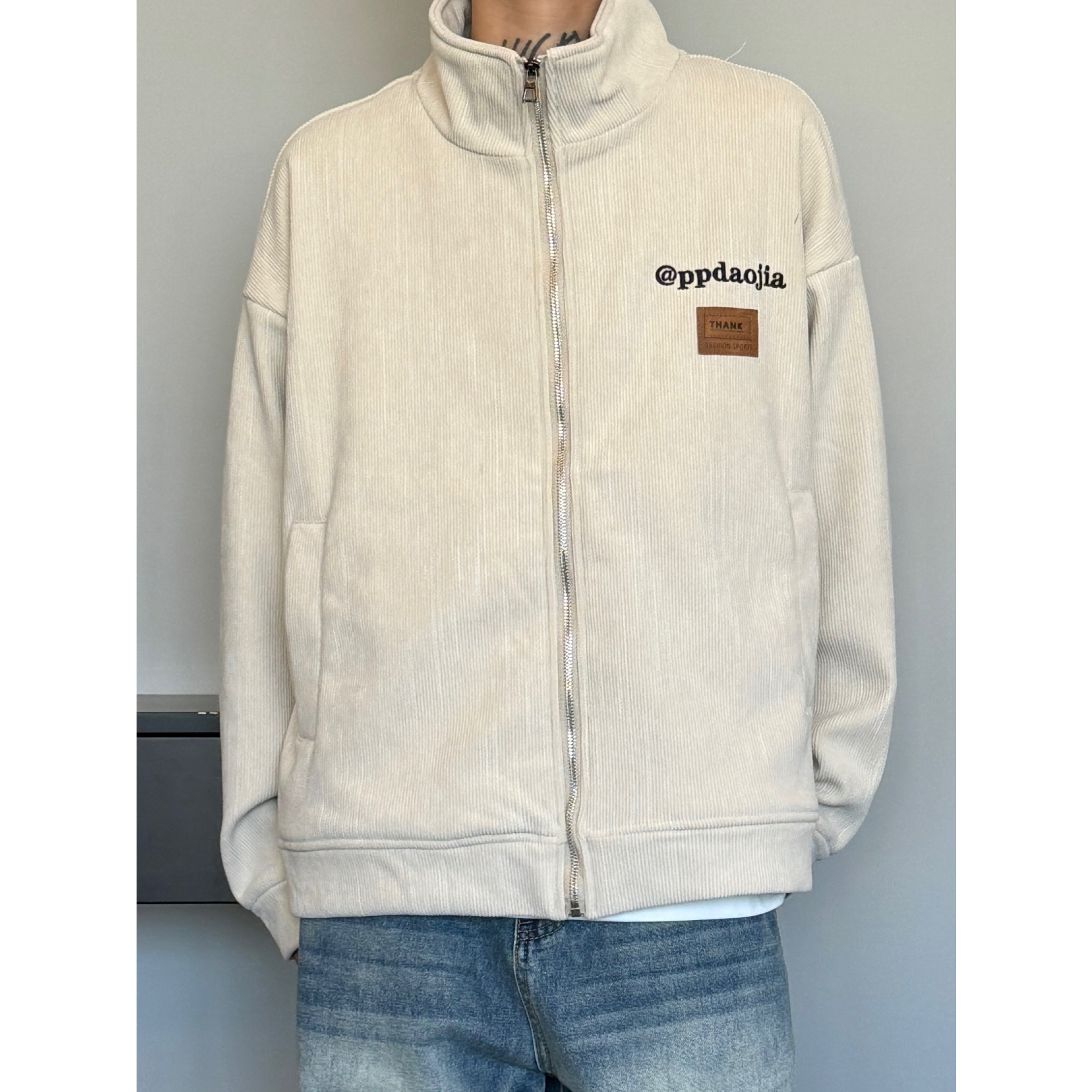 雪尼尔银狐绒加绒立领拉链卫衣男