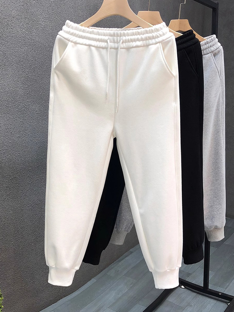 高端加绒加厚卫裤男士秋冬季2025新款潮牌白色束脚运动休闲裤男款