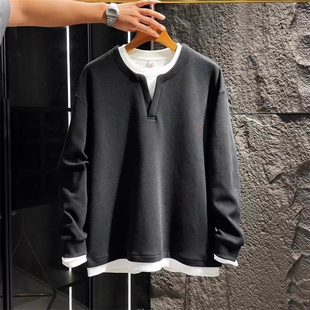 T恤打底男款 高端假两件加绒加厚卫衣男士 潮牌长袖 秋冬季 2025新款