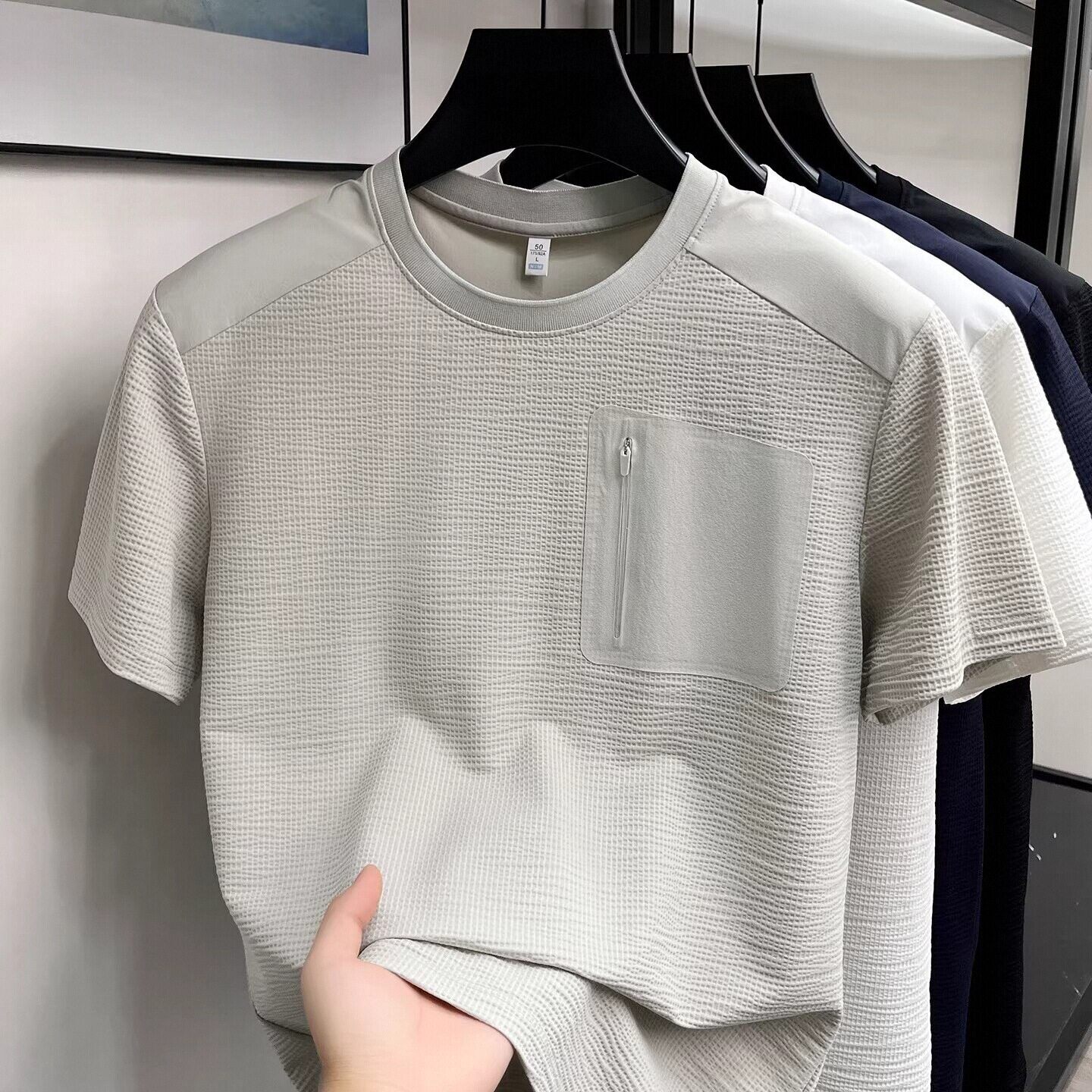 高端拼接速干短袖T恤男士2026新款夏季薄款拼接圆领半袖上衣男款