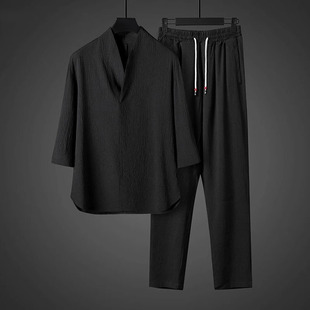 高端新中式冰丝短袖t恤男士夏季套装2025新款V领国风汉服男款夏装
