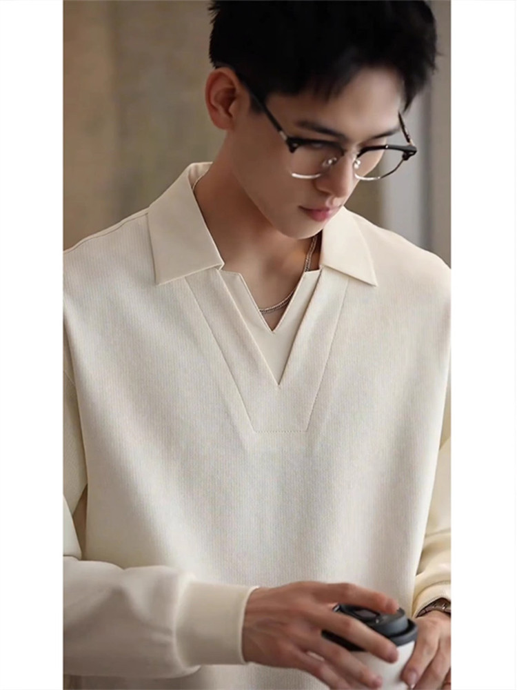 高端v领Polo衫男式长袖t恤2025秋冬新款纯色假两件套式宽松运动衫