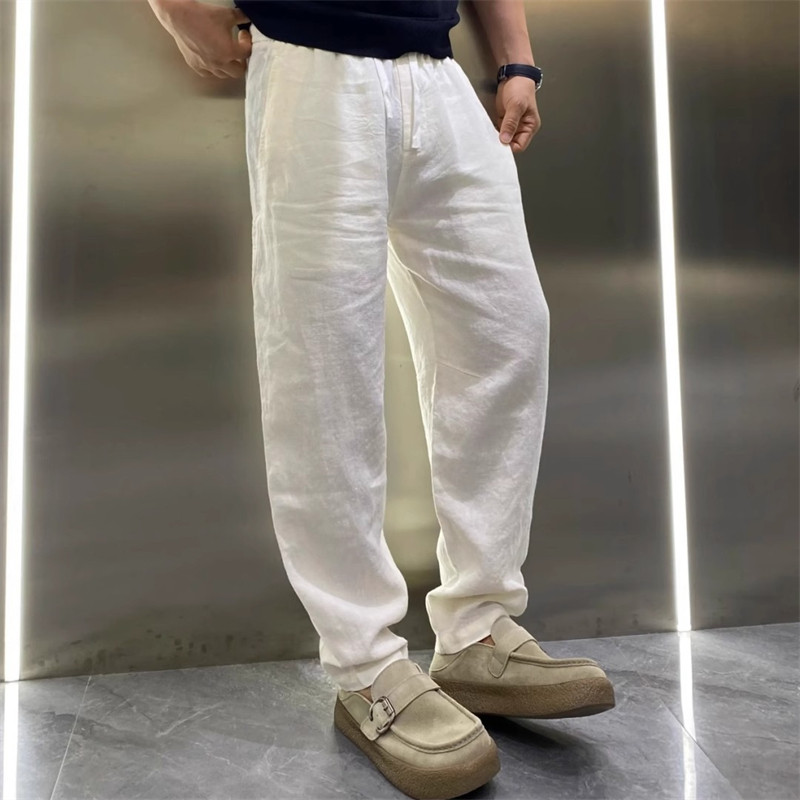 高端白色亚麻休闲弯刀裤男士2026新款男裤秋季薄款度假长裤子男款
