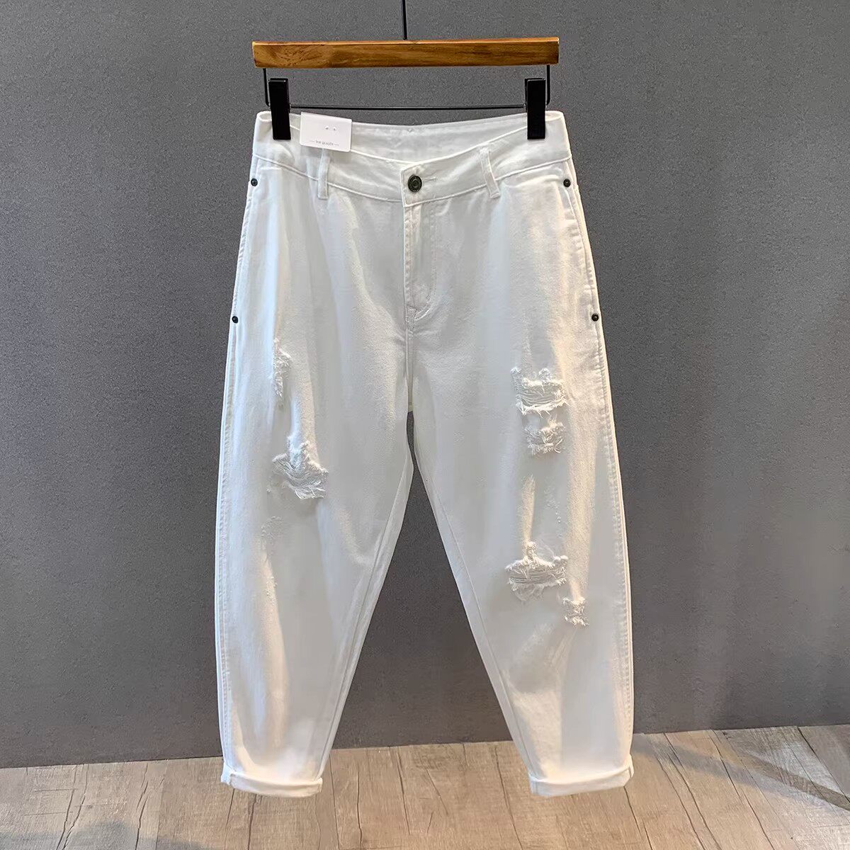 高端宽松九分白色牛仔裤男款2026年新款春季潮流休闲哈伦裤子男士