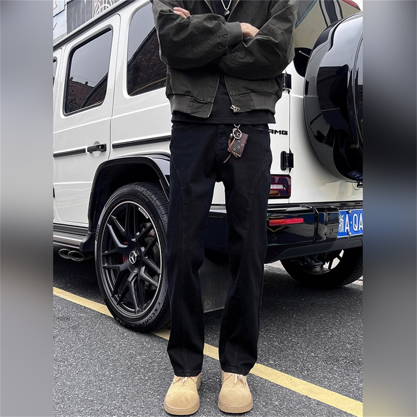 高端黑色加绒直筒牛仔裤男士2025新款秋冬季男裤宽松休闲裤子男款