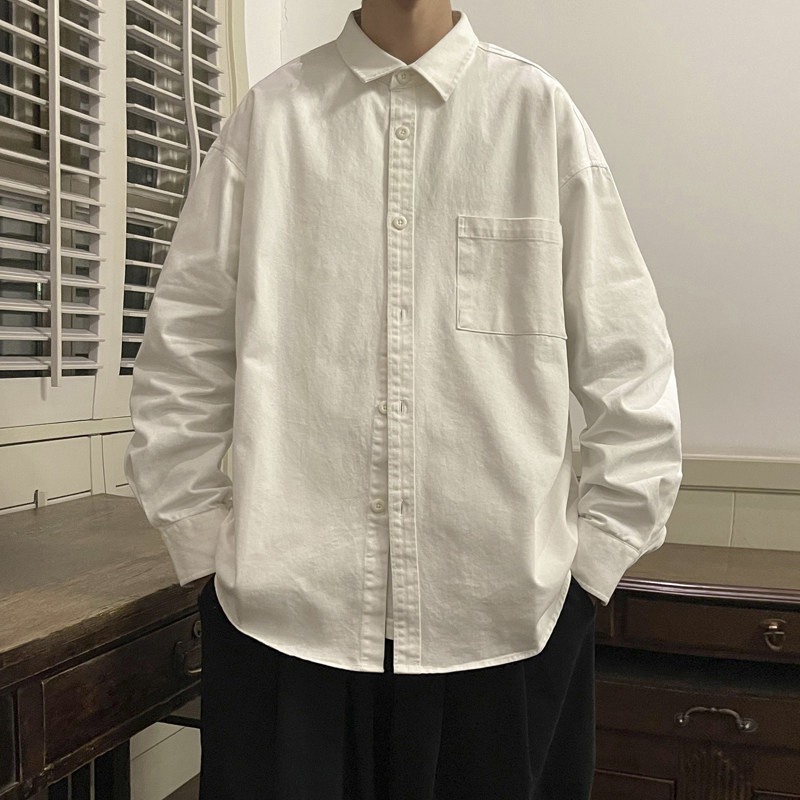 日系纯棉白色衬衫男夏季高级感百搭长袖衬衫ins潮牌休闲情侣外套