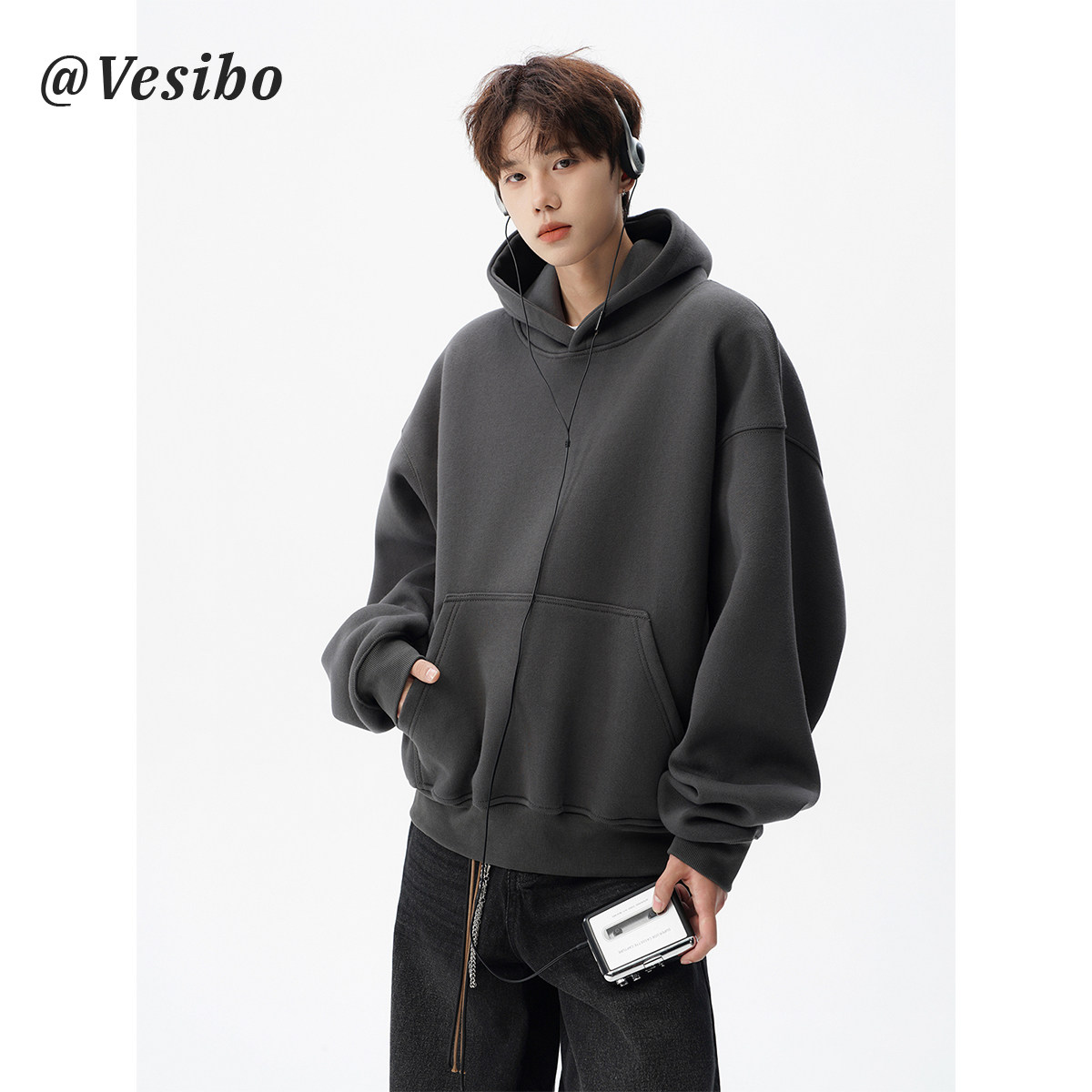 thumbnail for Heavyweight 400G Versatile Hooded Sweatshirt Men's Autumn American High Street Solid Color Short Jacket Trendy Loose Couple Hoodie