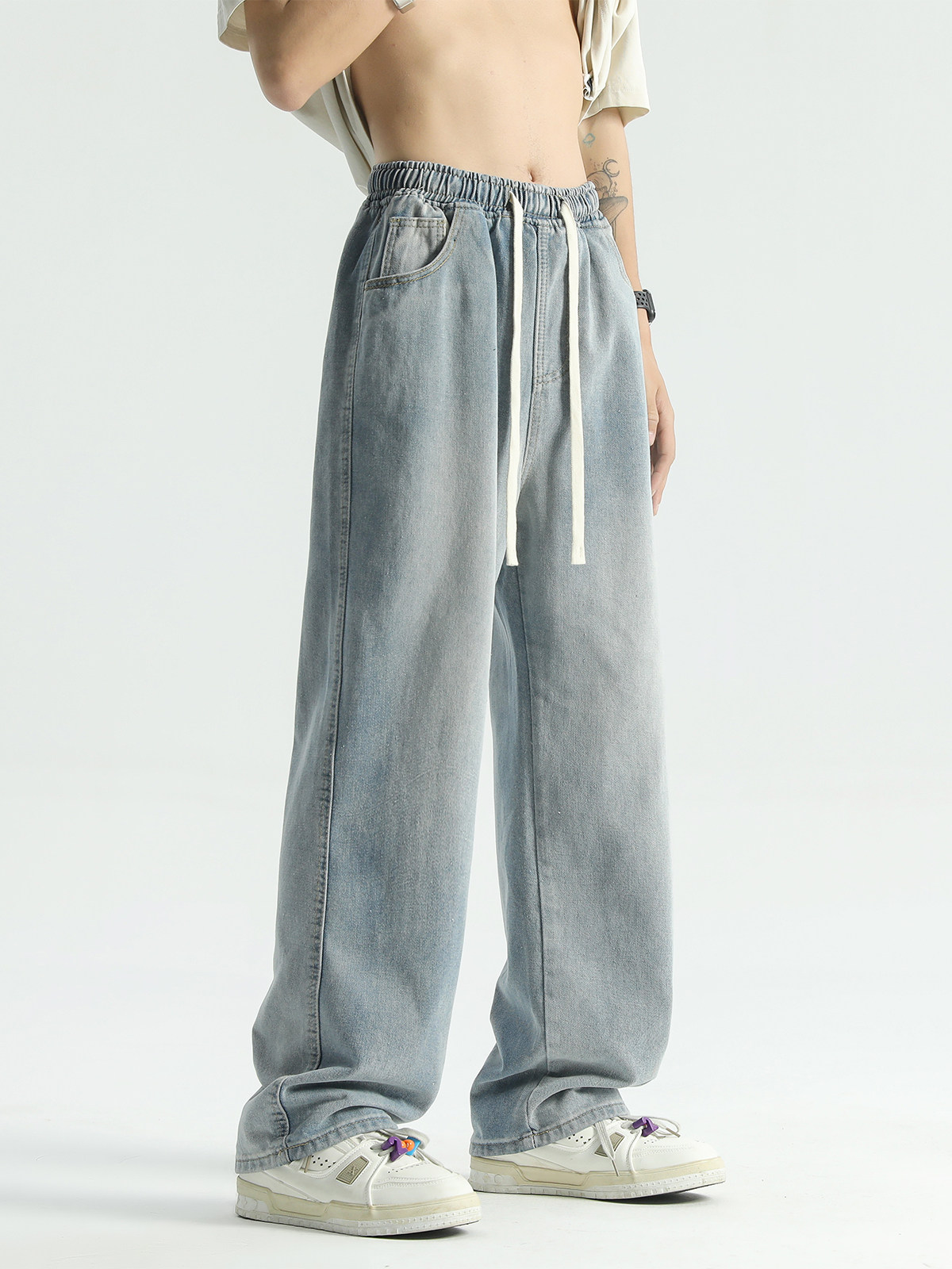 AMERICAN WASHED BLUE JEANS MENS WINTER HIGH STREET TRENDY BRAND CLEANFIT STRAIGHT PANTS VERSATILE LOOSE DRAWSTRING PANTS