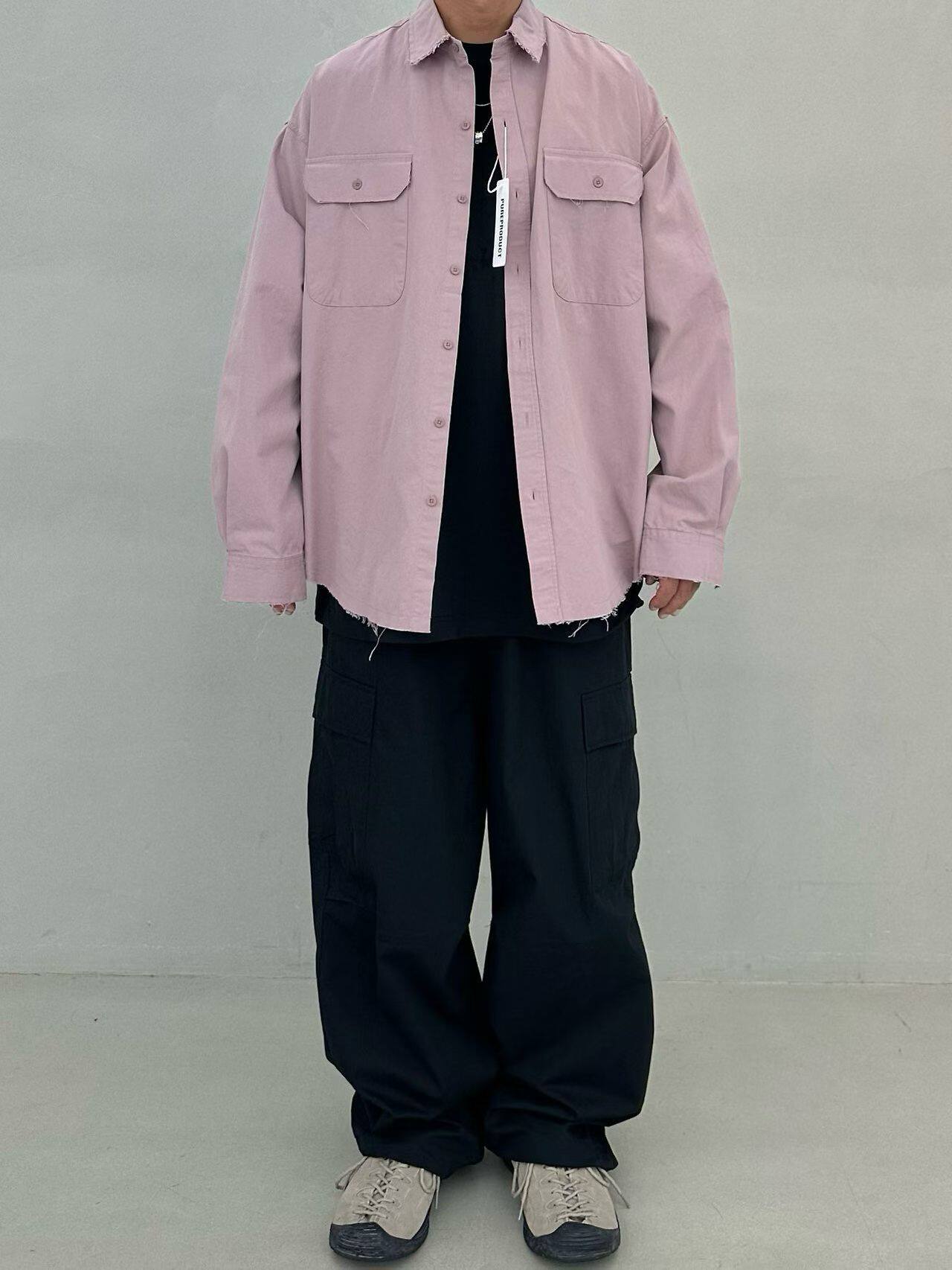东大门纯复古毛边宽松长袖衬衫男