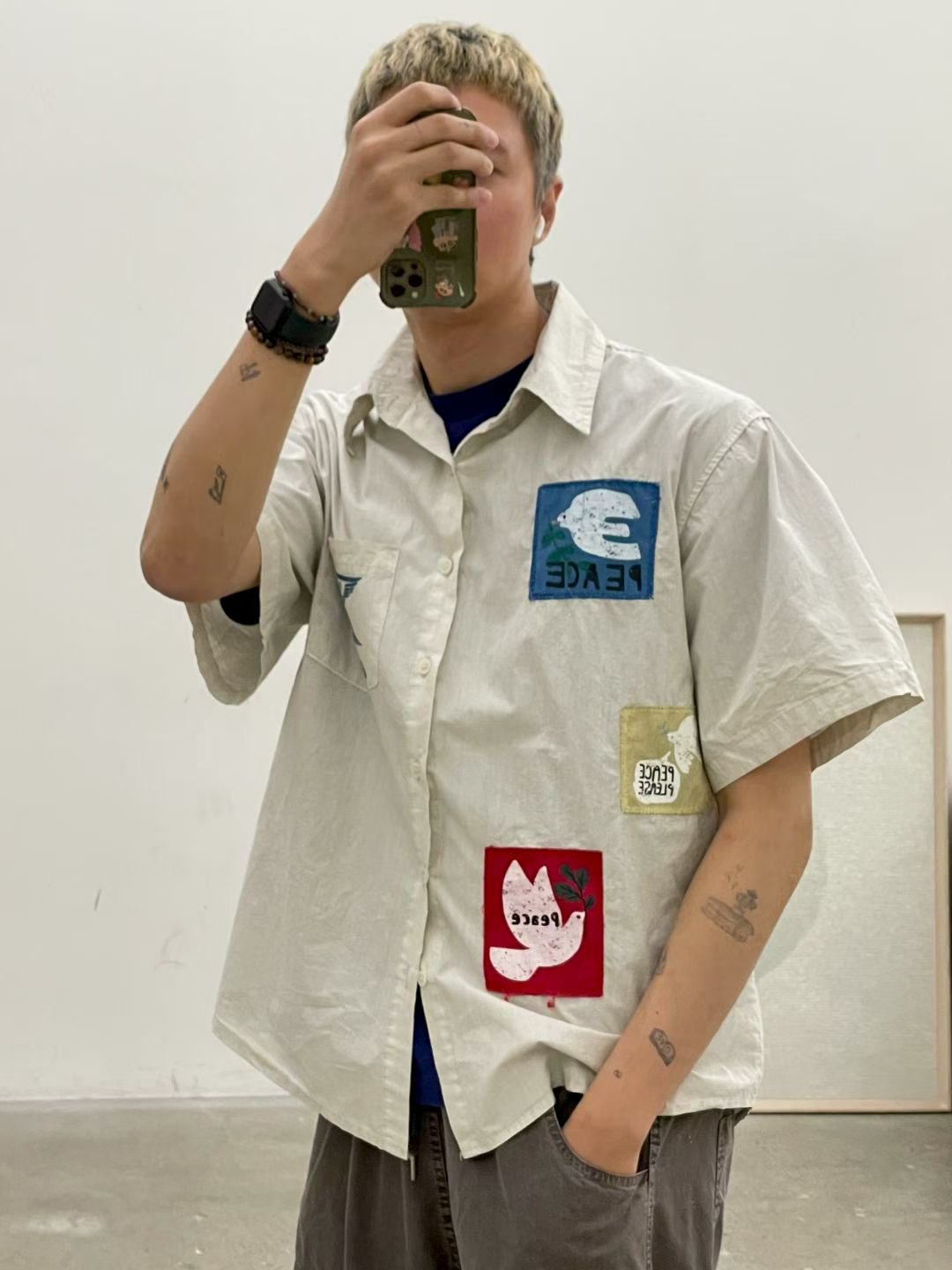 东大门男和平鸽印花短袖衬衫